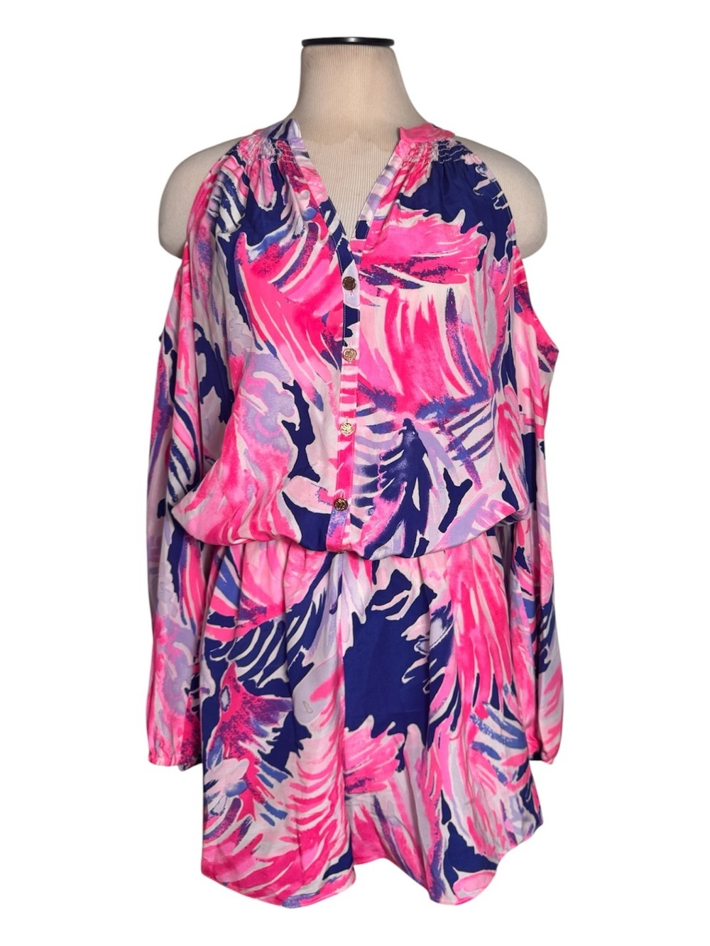 Lilly Pulitzer Pink and blue printed Sunny Shoulder Elsa 100% Silk Romper size M - Picture 2 of 10